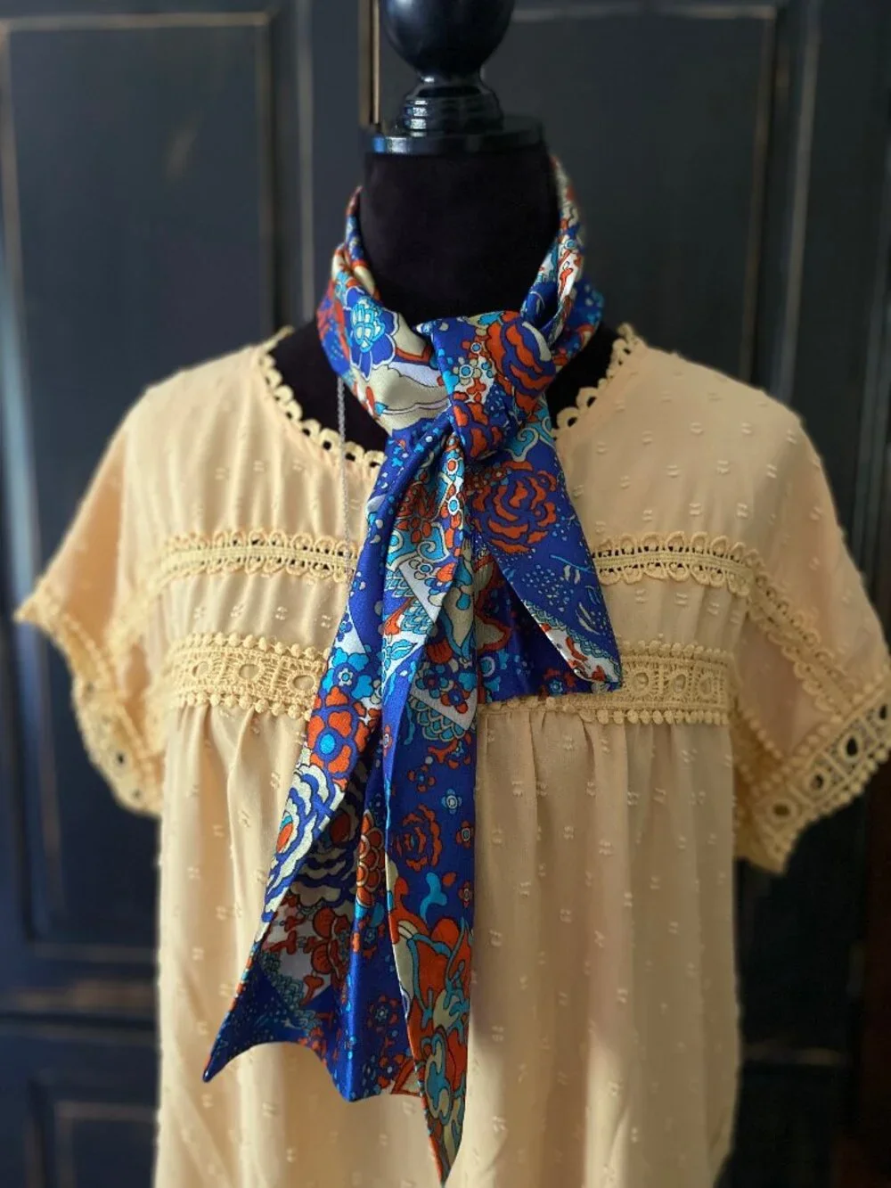 VINTAGE Floral Print Fashion Scarf - Colorful Blue Orange Turquoise Cream Scarf